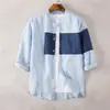 Camisa de Algodón y Lino Versátil con Bloques de Color Estilo Japonés y Cuello Alto para Hombre, Moda Coreana Moderna con Mangas de Tres Cuartos, Camisa de Lino