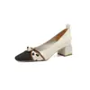 Sapatos femininos de couro estilo francês, bico quadrado, laço de fita, camada única, para 2024 Primavera e Outono, novos, salto grosso, combinação de cores, sem cadarço, salto alto