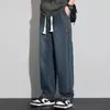 Colección nueva otoño/invierno transfronteriza: Pantalones vaqueros de estilo americano, modernos, de corte holgado, versátiles, de pierna recta, de pierna ancha, forrados de felpa para hombre, pantalones casuales elásticos