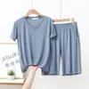 Traje de dos piezas para mujer, verano 2023, nuevo, modal, talla grande, cuello en V, fino, para casa, ropa exterior, casual, color liso