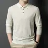 Suéter de Lã High-End Tendência para Homens com Seda de Amora, Suéter Básico de Malha Casual Solto com Gola Lapela para Homens