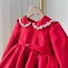 Vestido Tesouro Feminino de Um Ano Novo Gola Boneca Flor Vermelha Menina Vestido Vermelho Pequeno Manga Longa Feminino Cetim Aniversário Vestido Princesa