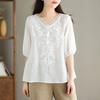 Camisa Casual Solta Decote V Bordada Imitação Linho Verão Estilo Fino Tamanho Grande Algodão e Linho Versátil Camiseta de Manga Curta A4669