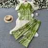 Conjunto de Dos Piezas Estilo Vacacional con Estampado Floral Verde para Mujer, Verano, Cuello en V, Pantalones de Pierna Ancha Adelgazantes, Conjunto de Ropa de Trabajo a la Moda