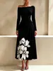 Vestido midi preto estampado de um ombro só 2026, mangas compridas, pregas laterais, estampa floral grande, elegante vestido de noite