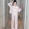 YD Roupa de Casa Outono Manga Longa Pijama Feminino Primavera e Outono Seda de Gelo Calça Longa Casual de Alta Qualidade Fina Verão