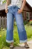 Jeans Feminino Novo para Primavera/Verão 2026, Cintura Alta, Barra Dobrada, Desgastado, Perna Larga, Vintage Lavado, Emagrecedor, Versátil, Perna Reta