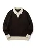 Roupas Vintage Yidao 2026 Outono Novo Suéter de Tricô Color Block Retro Falso Duas Peças Gola Reversível para Homens e Mulheres, Suéter Versátil Casual