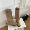 2026 Hebilla Original Botas de Pantalón para Mujer, Nuevo Otoño/Invierno Piel de Vaca Tacón Grueso Botas de Caballero Plegadas Vintage, Negro