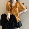 Blusa de Chiffon Solta com Gola V e Babados de Verão Nova Plus Size para Mulheres