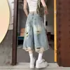 Design Retrô Jeans Sete Rasgado 2026 Verão Novo Cintura Alta Emagrecimento Versátil Solto Calças Wide Leg Femininas