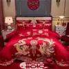 Juego de Cuatro Piezas de Algodón de Fibra Larga 60S de Alta Gama para Boda, Algodón Puro con Bordado de Dragón y Fénix, Juego de Seis Piezas Rojo Brillante para Habitación de Boda