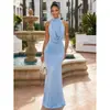 Vestido de noite europeu e americano transfronteiriço com gola halter, ombros à mostra, corte sereia, sem mangas, plissado, acinturado, justo, longo para banquetes e festas