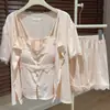 Pijama de Tres Piezas de Algodón Tencel con Almohadillas en el Pecho, Tirantes Femeninos de Verano, Conjunto de Shorts y Camiseta de Manga Corta, Ropa de Casa Estilo Puro Lust