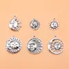 Set de 6 Colgantes Pequeños de Cara Plateada Antigua de Sol y Luna, Accesorios de Joyería, 6 Estilos, 1 de Cada Uno, aproximadamente 17g por Set