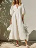 Nuevo Vestido de Lino Estilo Europeo y Americano Transfronterizo para Mujer, Cuello en V, Mangas Abullonadas, Ceñido a la Cintura, Adelgazante, Estilo Vacacional, Largo Medio Línea A