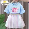 Adorable y Lindo Conjunto de Vestido de Malla de Manga Corta con Estampado para Niñas, Camiseta y Falda Corta para Verano 7