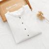 Camisa de punto de algodón de doble capa con cuello de orejas de madera artístico para mujer, top de verano de manga corta, suave, agradable para la piel, transpirable