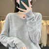 Suéter feminino de alta qualidade com decote V e mangas compridas, top de malha sem costura para primavera e outono, modelador e versátil, adequado para o trabalho, estilo casual e relaxado