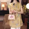 Nova Camisa Jacquard Diagonal de Manga Curta Estilo Chinês para Mulheres, Novo Modelo Verão 2026, Top Solto Elegante e Emagrecedor