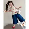 Conjunto de Verano Estilo Pastoral de Fresa para Niñas, Nuevo Chaleco de Punto Calado de Verano y Pantalones Rectos