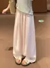 Calça Feminina de Linho Rosa Wide-Leg com Bainha Festonada Verão Estilo Old Money Caimento Solto Perna Reta Solta Proteção Solar Casual Tendência