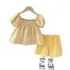 Conjunto Floral de Verano con Mangas Abullonadas para Niñas 2025 Nuevo Estilo Moda Infantil Conjunto de Dos Piezas de Manga Corta para Verano