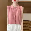 Camisa POLO sem mangas com lapela para usar por baixo colete para uso transfronteiriço outono gola POLO cardigã de malha para usar em camadas temperamento feminino
