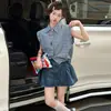 Conjunto de Camisa Xadrez Estilo Coreano de Verão para Meninas e Saia Jeans, Camisa sem Mangas para Meninas Mais Velhas, Conjunto de Duas Peças Moda com Saia Curta