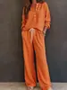 2026 Novo Moda Feminina Europeia e Americana Transfronteiriça Estilo Casual Preguiçoso Retrô Conjunto de Camisa de Manga Longa Lisa e Calça de Waffle