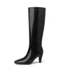 Botas de montaria femininas de cano alto em couro bovino de duas camadas, novo estilo outono e inverno, bico quadrado, salto agulha, botas longas retas acima do joelho