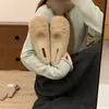 Zapatos de Felpa y Piel Color Blanco Roto para Mujer, Nuevos 2025 Otoño e Invierno Zapatos Planos Estilo Ballet con Lazo, Zapatos de Algodón Peludo