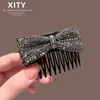 Elegante peine para el cabello con forma de lazo de diamantes negros, peine para el cabello de lujo completo con diamantes para mujeres, peine versátil para peinar flequillos laterales y cabello suelto