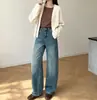Modelagem de pernas! 2 comprimentos~Jeans de sarja lavada de alta resistência com elasticidade em quatro direções para mulheres, calças de perna curva de outono