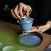 Salpicadura azul dibujo de orquídea pintado a mano cubierta plateada Tazón hogar cerámica juego de té kung fu antiquemaduras dos piezas Tazón de té tazón de mano