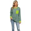 Camiseta Feminina Amazon Outono e Inverno 2024 Gola Redonda Cor Contrastante Bolso Dividido Solta Manga Longa