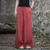 004 Pantalones anchos de algodón y lino para mujer, pantalones casuales, estilo étnico retro artístico, pantalones anchos fluidos, color camel, color lino natural
