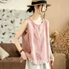 Estilo veraniego, talla grande, mezcla de algodón y lino, dobladillo bordado, chaleco sin mangas, corte holgado, transpirable, adecuado para el trabajo o uso casual, camiseta para mujer