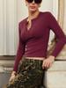 Camiseta de manga larga con cuello redondo, estilo europeo y americano, estilo casual, combinable, de invierno 2025, de color liso, con bordes cruzados, para mujer