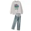 Traje de Maternidad Primavera y Otoño Moderno y a la Moda 2025 Sudadera Holgada Superior Jeans Conjunto de Dos Piezas Manga Larga