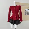 Elegante cardigã de tricô vermelho com bordas plissadas e botões, acinturado e emagrecedor, para mulheres, moda outono e inverno, top jovem e estiloso