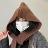 Conjunto de Xale, Chapéu e Cachecol de Uso Duplo Outono/Inverno, Duas Peças, Cor Sólida, Capa de Tricô Quente com Aba Larga