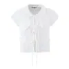 Moda para Mujer 2026 Estilo Europeo y Americano Top con Aplique de Corazón Bordado Hueco con Cordones y Mangas Abullonadas C27802
