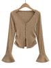 Cárdigan elegante de punto puro para chica sexy con cuello en V y manga acampanada para mujer 2023 Otoño Nuevo ajustado abotonado adelgazante camiseta de manga larga