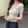 Camiseta de Manga Corta para Mujer, Ajustada, Hombros Finos, Borde de Bloqueo de Color, Verano Nuevo, Estilo Coreano, Camiseta de Punto Básica Top Ropa