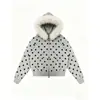 Sudadera con capucha y cuello de pelo estilo millennial Y2K para mujer, top con cremallera corta y cálido con cuello de pelo de lunares vintage