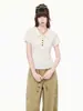 Camiseta de Manga Corta con Volantes y Botones Color Albaricoque para Mujer, Diseño Coreano Verano 2026, Top Delgado que Ceñe la Cintura