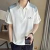 Camiseta de manga corta para hombre, verano, moderna, perla, cuello de solapa fino, combinación de colores, media cremallera, manga media, bordado, guapo, P