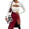 Transfronterizo Amazon Europeo y Americano Nuevo Color Sólido Moda Sexy Hueco Ajustado Delgado Ajustado Versátil Camiseta de Manga Larga Mujer