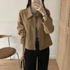 Em estoque: Jaqueta de camurça estilo ins coreano para outono, com lapela, modelo biker curto, manga longa, para mulheres, top casual soltinho